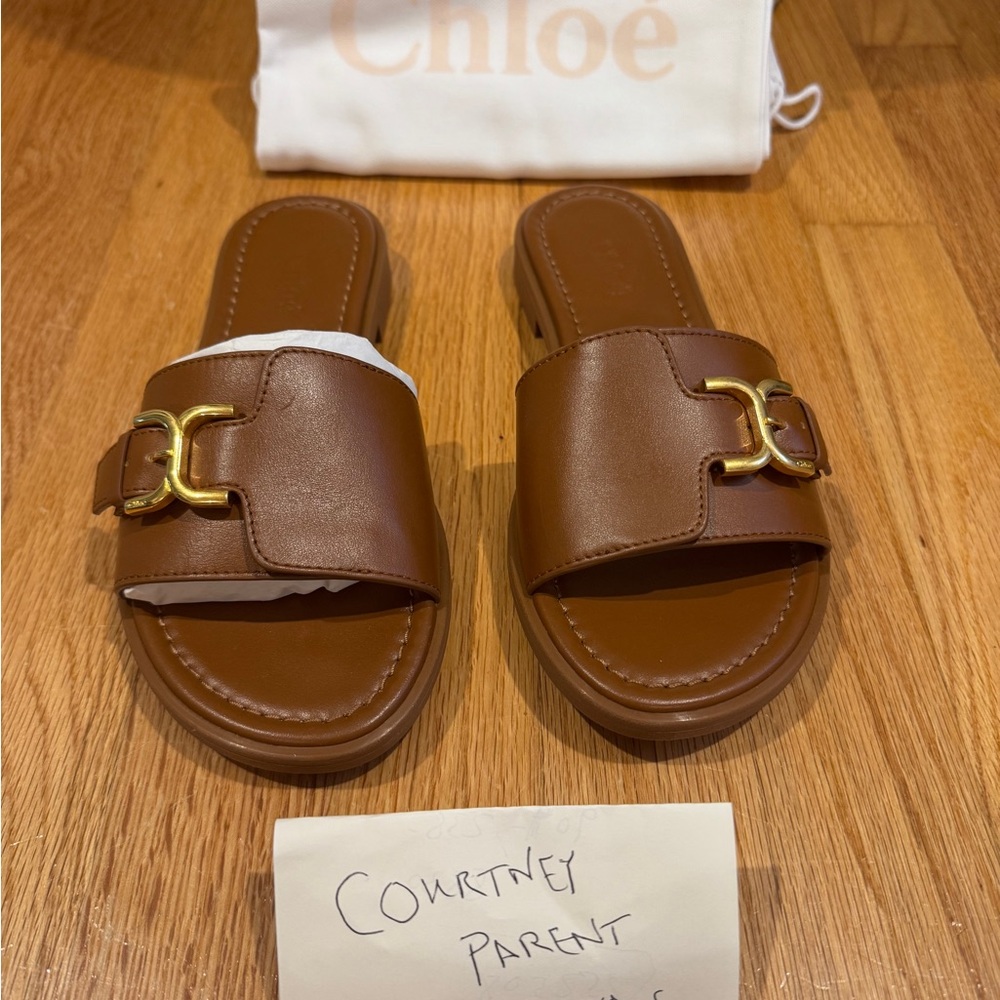 Chloe Brown size 35 (size 5) new in box Leather Flats with Gold Buckle